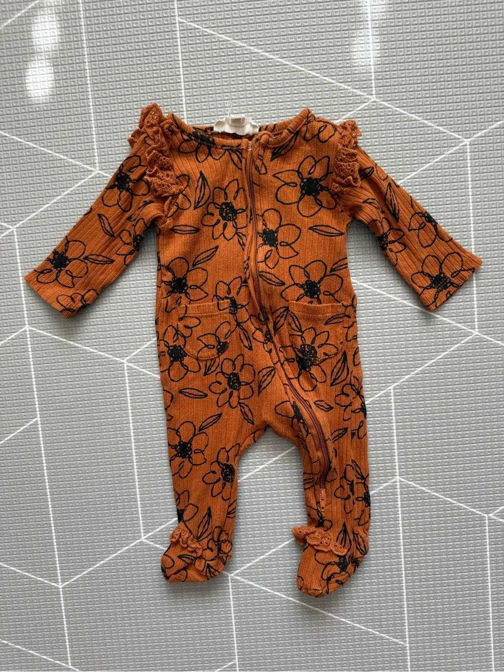 Jessica Simpson|Baby girl Rust Orange Floral Ruffled  Ribbed footies,long sleeve